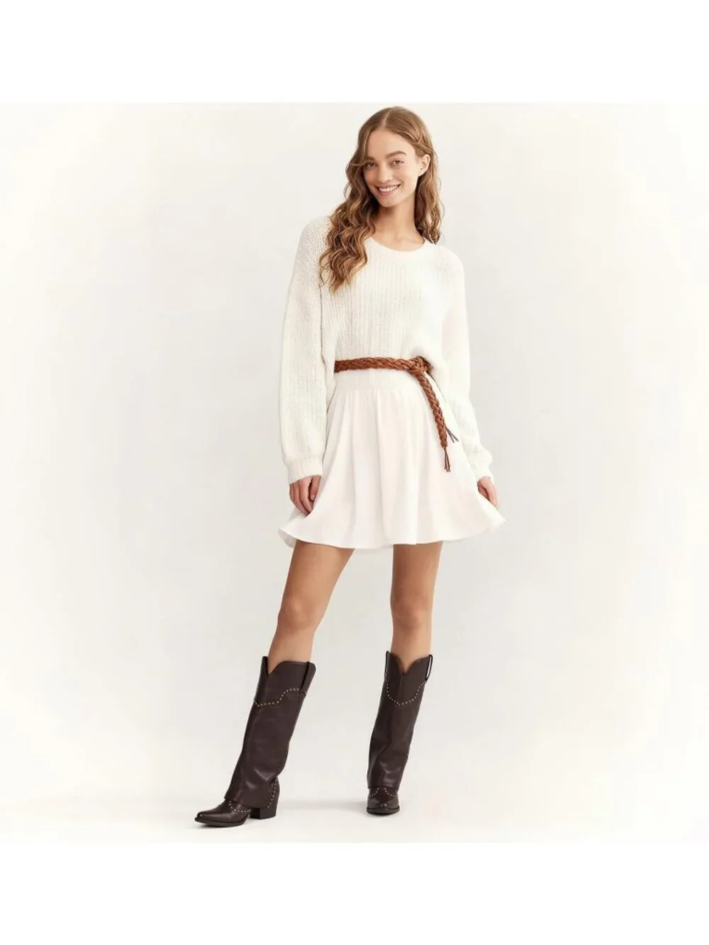 Women's Chocolate Polyurethane (PU) Studded Fold Over Knee High Chunky Heel Boot